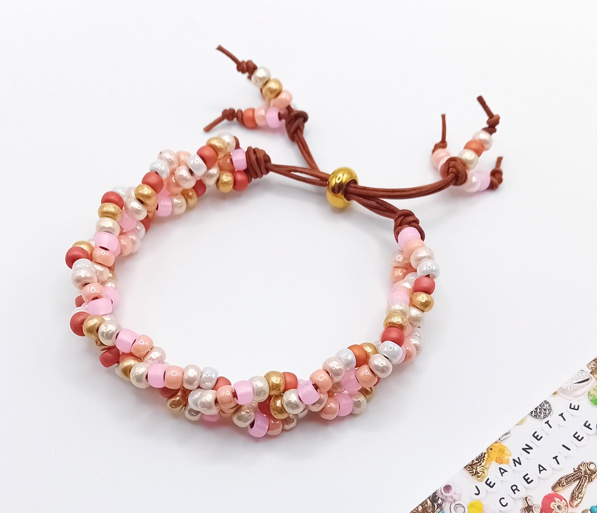 Jeannette-Creatief® - Beach - Flamingo Red Orange Pink Pearly Shine Miyuki Armband Leer - Armband met Schuifknoop - Verstelbaar - Armband - Dames Armband - Flamingo - Ibiza - Roze Armband - Valentijn - Handgemaakte Sieraden