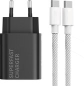 USB C Adapter - Snellader Geschikt voor Samsung Telefoon en Tablet - USB C naar USB C - Nylon Gevlochten - 1 Meter - Oplaadkabel Wit - GaN Oplader - 30W Vermogen - Incl. USB C Kabel - Stekkerblok - Zwart