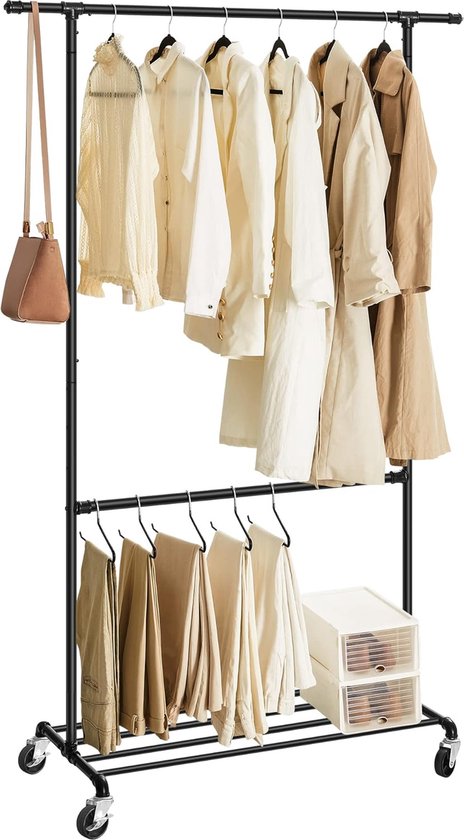 SONGMICS Kledingrek, kapstok, kledingkast, belasting 100 kg, met verstelbare stang, opbergrek, voor slaapkamer, woonkamer, entree, zwart HSR103B01
