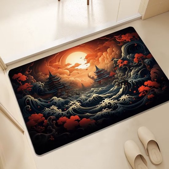Badmat met Chinese landschapsafbeelding, zonsondergang, tempels en golven in rood en zwart.