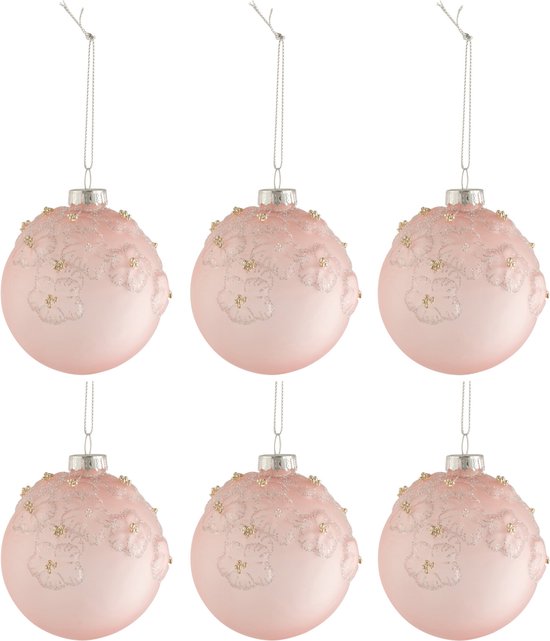 J-Line Doos Van 6 Kerstballen Bloemen Glas Mat Opal Licht Roze Small