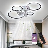 LuxiLamps - 4 Ringen LED Plafondventilator - Zwart - 6 Snelheden - Smart lamp - Dimbaar Met Afstandsbediening & APP - Moderne Cirkel Ventilator Licht - Kroonluchter Ventilator