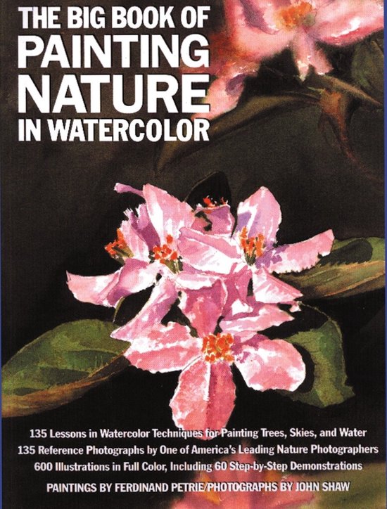 De voorkant van het boek 'The Big Book of Painting Nature in Watercolor' met roze bloemen en tekst.