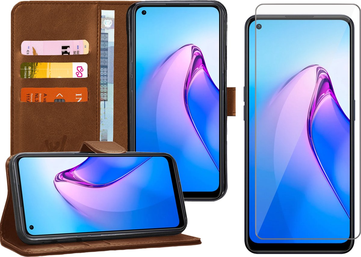 Hoesje geschikt voor Oppo Reno 8 - Screenprotector Glas - Portemonnee Book Case Bruin