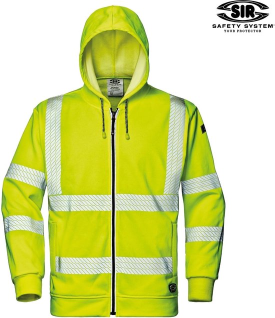 Werkjas met capuchon, hi-vis geel met reflecterende banden op borst, mouwen en taille. Met rits en zakken.