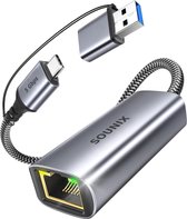 Sounix USB-C / USB-A Naar Ethernet Adapter - RJ45 10/100/1000Mbps - 5Gbps - Ethernet Adapter - 20CM - Gevlochten Nylon - Zwart