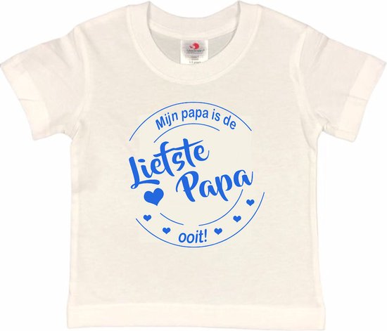 T-shirt Kinderen "Mijn papa is de liefste papa ooit!" Vaderdag | korte mouw | Wit/blauw | maat 86/92 (XXXS)