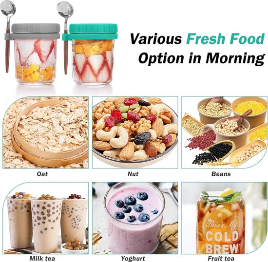 Overnight Oats - Lot de 4 bocaux en verre avec couvercles et cuillères - Grande capacité - Pour lait, céréales, yaourt, fruits