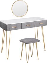 MS® - Kaptafel - Met spiegel en kruk - Ronde spiegel - Make-up tafel - Met 3 lades - Modern design - Grijs - Goude details - 100 x 40 x 78 cm