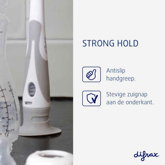 Detail van de flesborstel met antislip handgreep en zuignap. "Strong Hold".