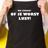 Zwart keukenschort / BBQ-schort met tekst | Wa zeggie? Of je worst lust! | Katoen - One size - Verstelbaar - Wasbaar - Cadeau voor hem - Vaderdag - Gratis verzending