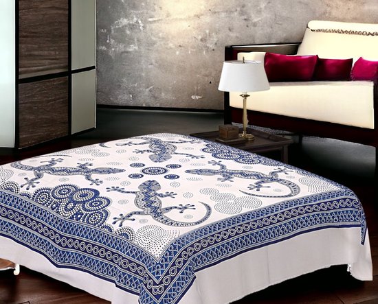 2 persoons Sprei - Zomer laken - Beige/blauw - Gecko - slaapkamer decoratie - 230x210 - Duurzaam katoen/polyester