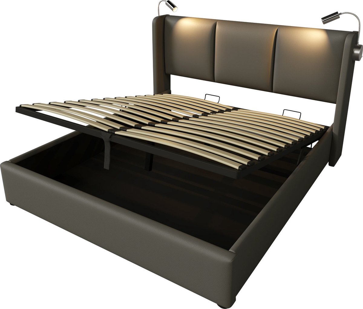 Merax Gestoffeerd Tweepersoonsbed met Opbergruimte en Leeslamp - Kunstleer Bed met USB Opl