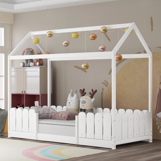 Sweiko House Bed 90x200 cm, lit d'enfant polyvalent en bois pour garçons et filles avec protection antichute et sommier à lattes, Wit (sans matelas)