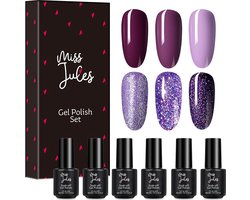 Miss Jules - 6-Delige Gellak Starterspakket - Nagellak - Kleur Paars Glitter - Glanzend & Dekkend resultaat