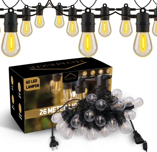 Homesee Cordon lumineux | 26 mètres avec 50 lampes LED S14 en plastique | Étanchéité IP65 | Blanc chaud | Liable et gradable | Éclairage de jardin