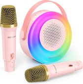 Karaoke-machine met 2 draadloze microfoons, Bluetooth-karaoke-luidspreker voor kinderen en volwassenen - Roze