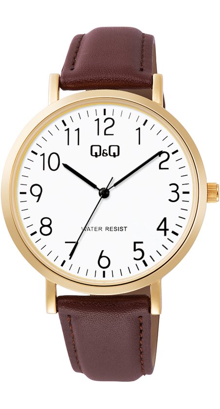 Q&Q C34A-008PY - Montre - Analogique - Homme - Homme - Bracelet en cuir - Rond - Métal - Chiffres - Marron - Doré - Wit