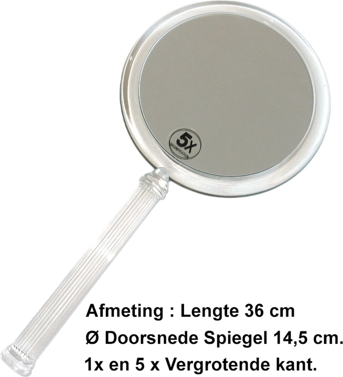 Goedkoopste Rojafit Acrylence - Grote Hand- en Make up Spiegel - 1x en 5x vergrotend - Acryl - Transparant - Spiegel Ø 14,5 cm.- Lengte 36 cm.!!