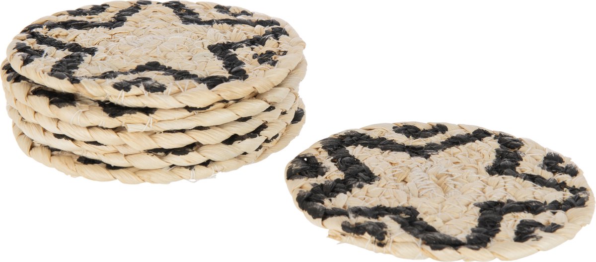 J-Line onderzetter Rond Ster - jute - naturel/zwart - 6 stuks