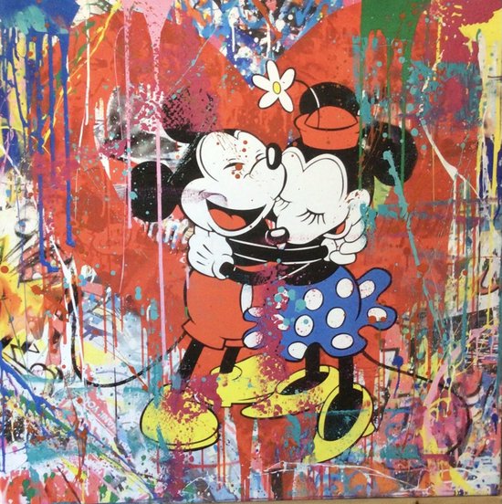 Schilderij Mickey en Minnie Mouse- Mixed Media- Katoenen canvasdoek op houten frame-70x70cm