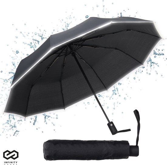 Parapluie Infinity Goods Storm - Parapluie - 140 km/h - Réfléchissant - Ø 107 cm - Pliage automatique - Housse de protection - Zwart