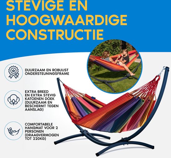 Hangmat met Standaard 2-Persoons PREMIUM– Stevig – Weerbestendig – Hangmatset – 5 Jaar Garantie – Draagkracht 220 kg – Grande Roma