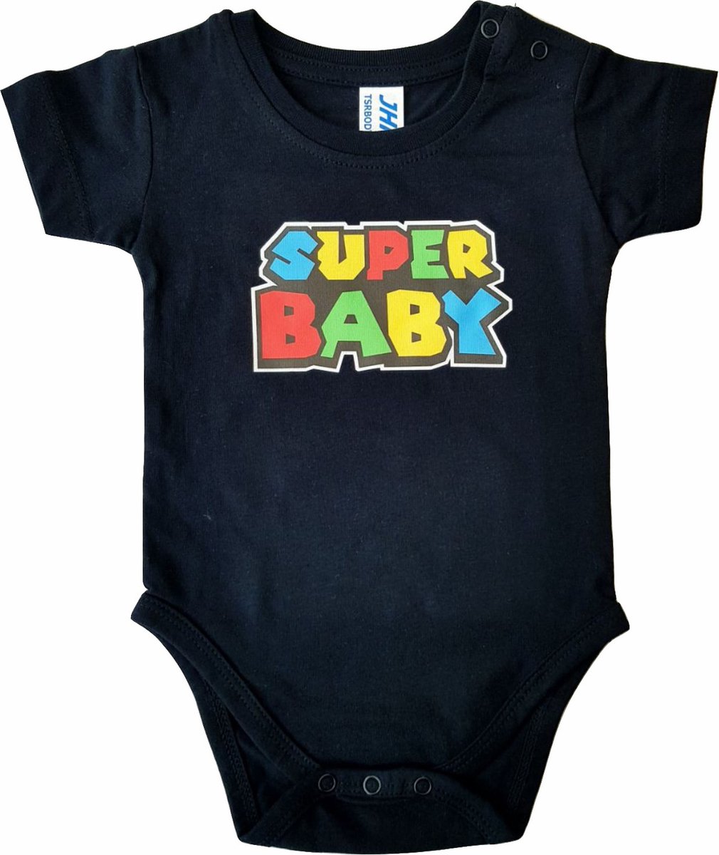 Zwarte romper met "Super baby" - 3 maanden - babyshower, zwanger, cadeautje, kraamcadeau, grappig, geschenk, baby, tekst, bodieke, gamen