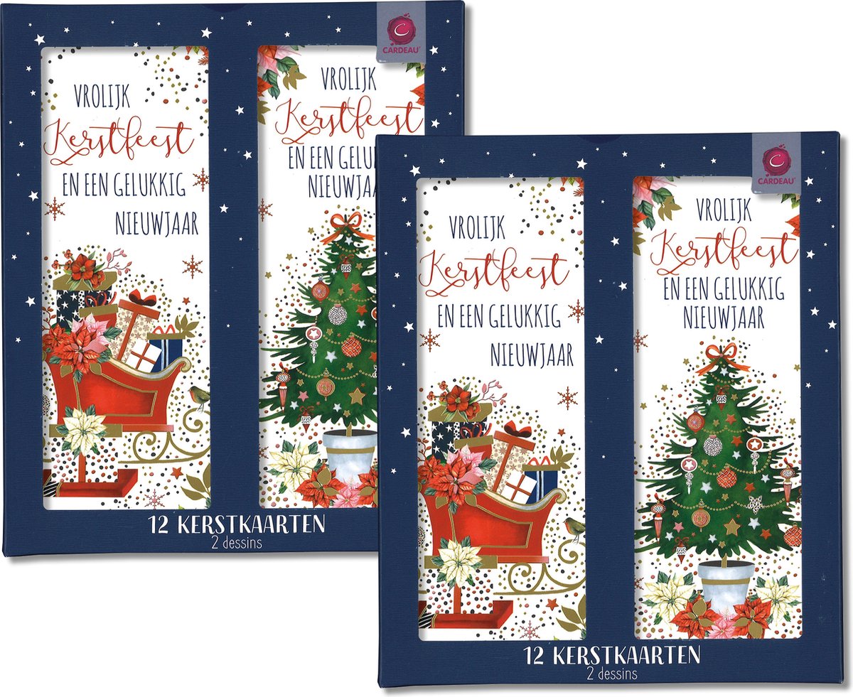 Cardeau - 24 dubbele Kerstkaarten en Nieuwjaarskaarten - 2 doosjes - 2 motieven - Foliedruk - 8 x 20 cm