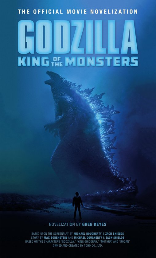 De officiële film cover "Godzilla King of the Monsters" met Godzilla die uit een donkere mist oprijst, met een kleine figuur onderaan.