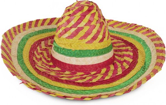 KIMU Sombrero Hoed Rood Geel Groen Wit - Mexico Mariachi Gevlochten Riet - Mexicaans Rieten Zomerhoed Carnaval