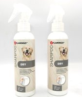 2 x Flamingo DRY hond shampoo zonder water gebruik 200ml voor alle vachttypes aloe vera glycerine en kamille zorgen voor een rijke vachtverzorging van uw hond