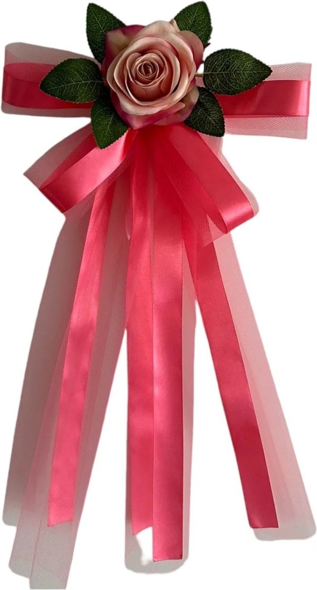 autodeco.nl SIA WATERMELOEN Handvatten Decoratie 4 stuks - Trouwauto Versiering - Watermeloen Kleur Rozen met Linten en Tule - Bloemen voor op de Handvatten - Versiering Handvat Auto - Autoversiering voor Volgauto's