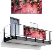 Balkonscherm 200x90 cm - Balkonposter Roze - Bloemen - Rozen - Bladeren - Balkon scherm decoratie - Balkonschermen - Balkondoek zonnescherm