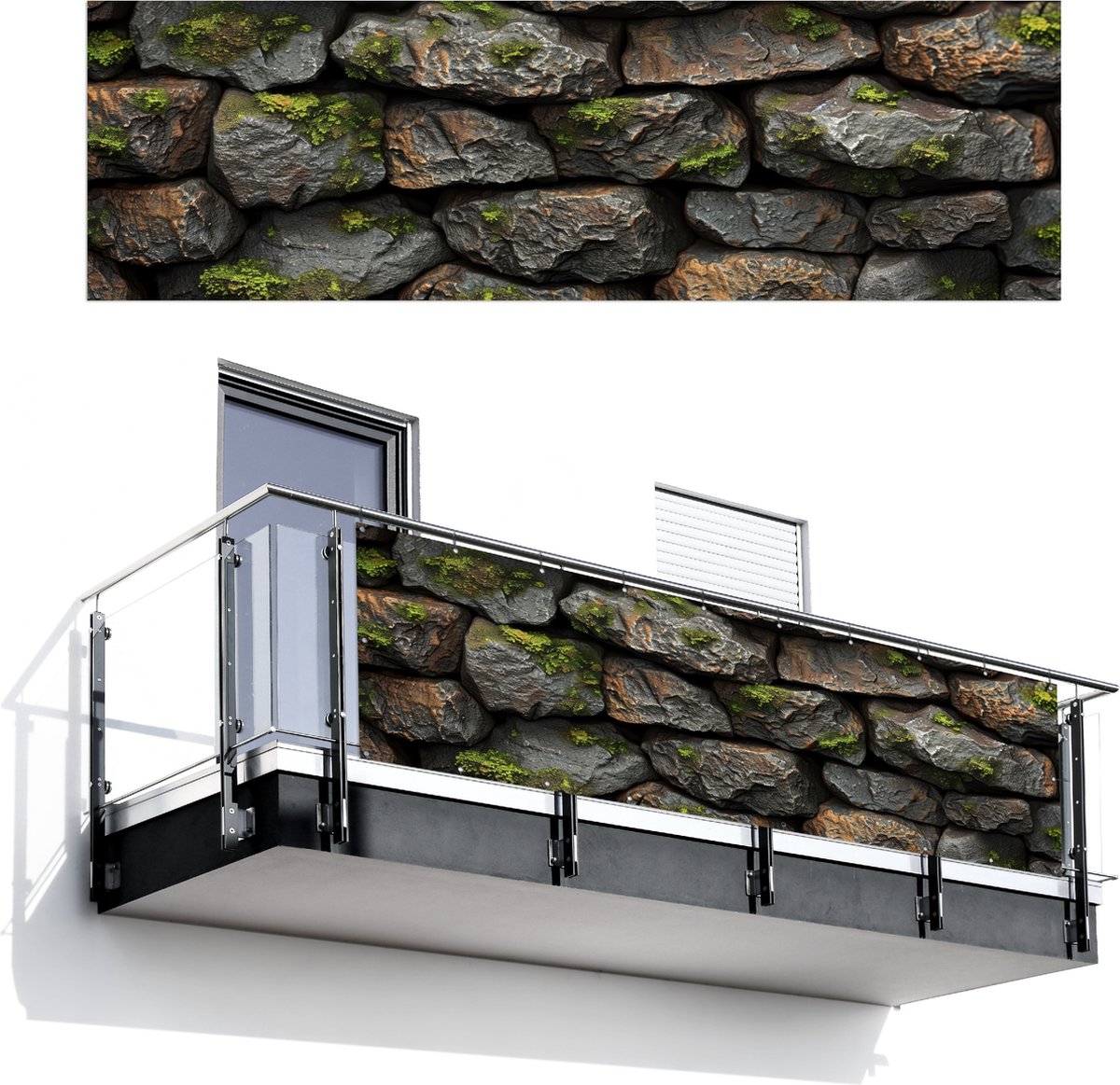 Balkonscherm 300x95 cm - Balkonposter Stenen - Mos - Grijs - Groen - Balkon scherm decoratie - Balkonschermen - Balkondoek zonnescherm