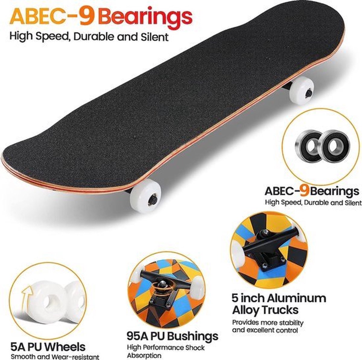 Suotu Skateboard - 80x20cm - ABEC-9 - 95A - schokabsorptie - Jongens - Meisjes - Volwassenen Skateboards — afbeelding 3