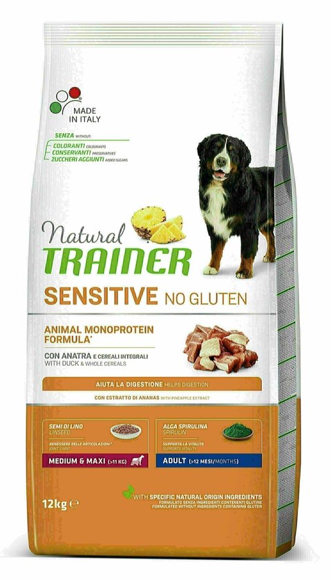 12 kg Natural trainer sensitive adult medium duck glutenvrij hondenvoer