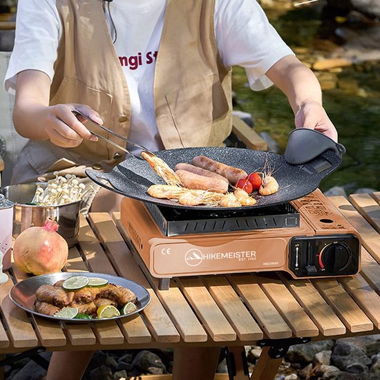 Hikemeister ® camping kooktoestel 1 pit 2200 KW draagbaar - Peach – Inclusief 8 gasbussen - met Nederlandse beschrijving en CE – Butaangas Gasstel Gasfornuis Gaspit - Campingkooktoestel Gas Kookplaat - Met Koffer — afbeelding 3