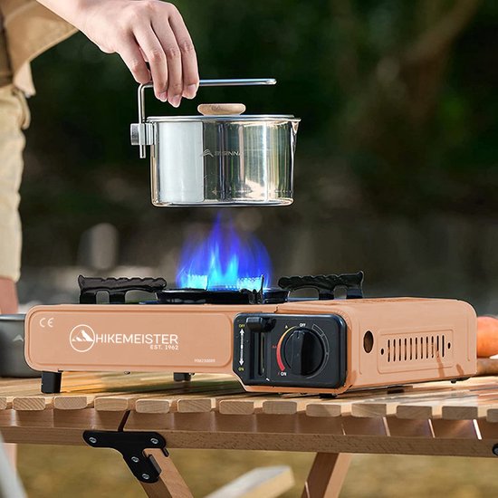Hikemeister ® camping kooktoestel 1 pit 2200 KW draagbaar - Peach – Inclusief 8 gasbussen - met Nederlandse beschrijving en CE – Butaangas Gasstel Gasfornuis Gaspit - Campingkooktoestel Gas Kookplaat - Met Koffer — afbeelding 4