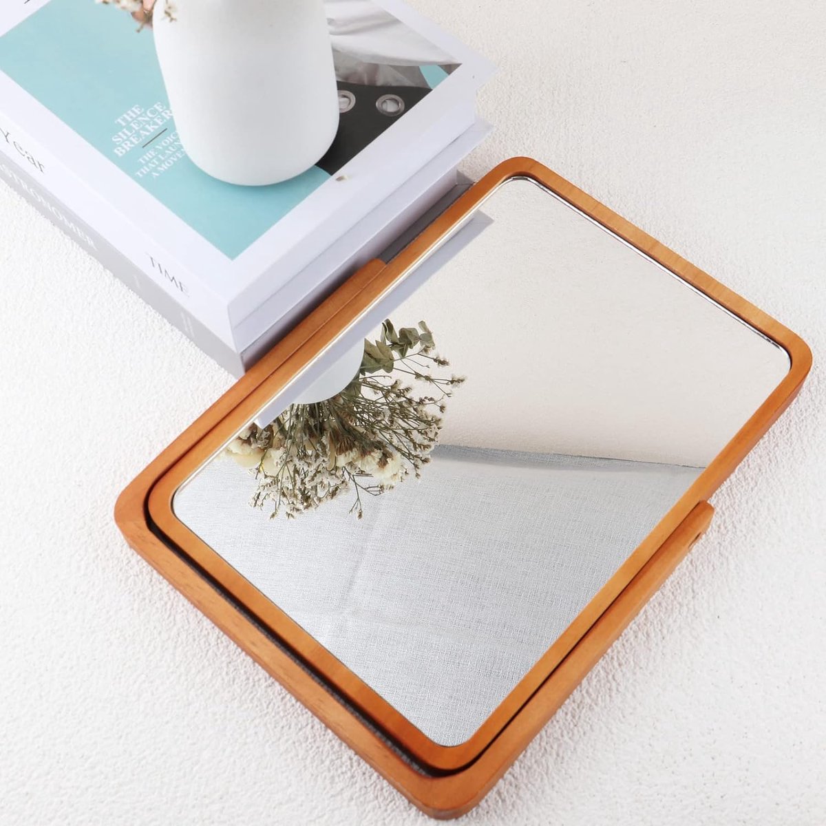 Houten bureauspiegel voor make-up kleine afgeronde rechthoek natuurlijke cosmetische spiegel met verstelbare standaard voor make-uptafel esthetische bureaudecoratie