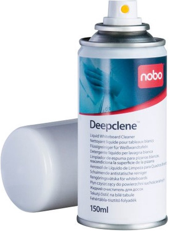 Nobo Deepclene reiniger voor whiteboards in een 150 ml spuitbus, met dop eraast.