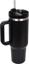 Thermofles 1200 ML met Handvat en Rietje - Zwart - Waterfles - Drinkbeker - Thermosbeker - Travel Mug - Koffie To Go - Koffiebeker- Thermoskan - Bidon