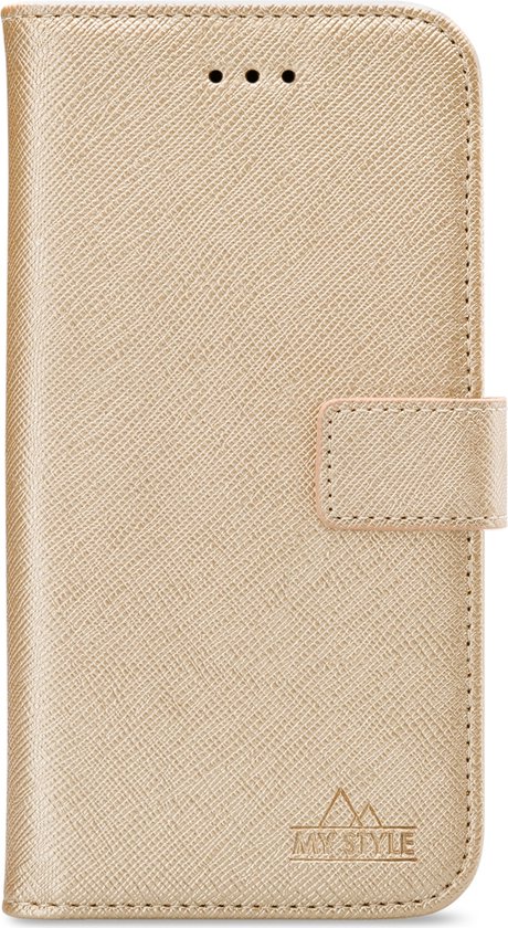 Étui de téléphone doré fermé, avec logo 'My Style' et fermeture magnétique.