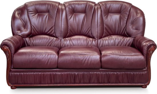 Driezitsbank DAPHNE van 100% buffel leer - bordeaux rood L 183 cm x H 97 cm x D 91 cm