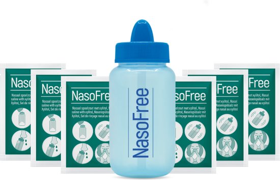 NasoFree neusdouche startset met 30 zakjes nasaal spoelzout met Xylitol - Bij (chronische) bijholteontsteking
