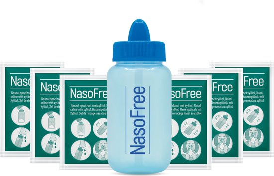 Foto: Nasofree neusdouche startset met 30 zakjes nasaal spoelzout met xylitol bij chronische bijholteontsteking