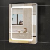 Armoire de salle de bain avec éclairage, avec prise, étagères en verre, armoire de salle de bain avec miroir, luminosité réglable, couleur de la lumière, anti-condensation, en verre inox, 50 x 70 x 15 cm,