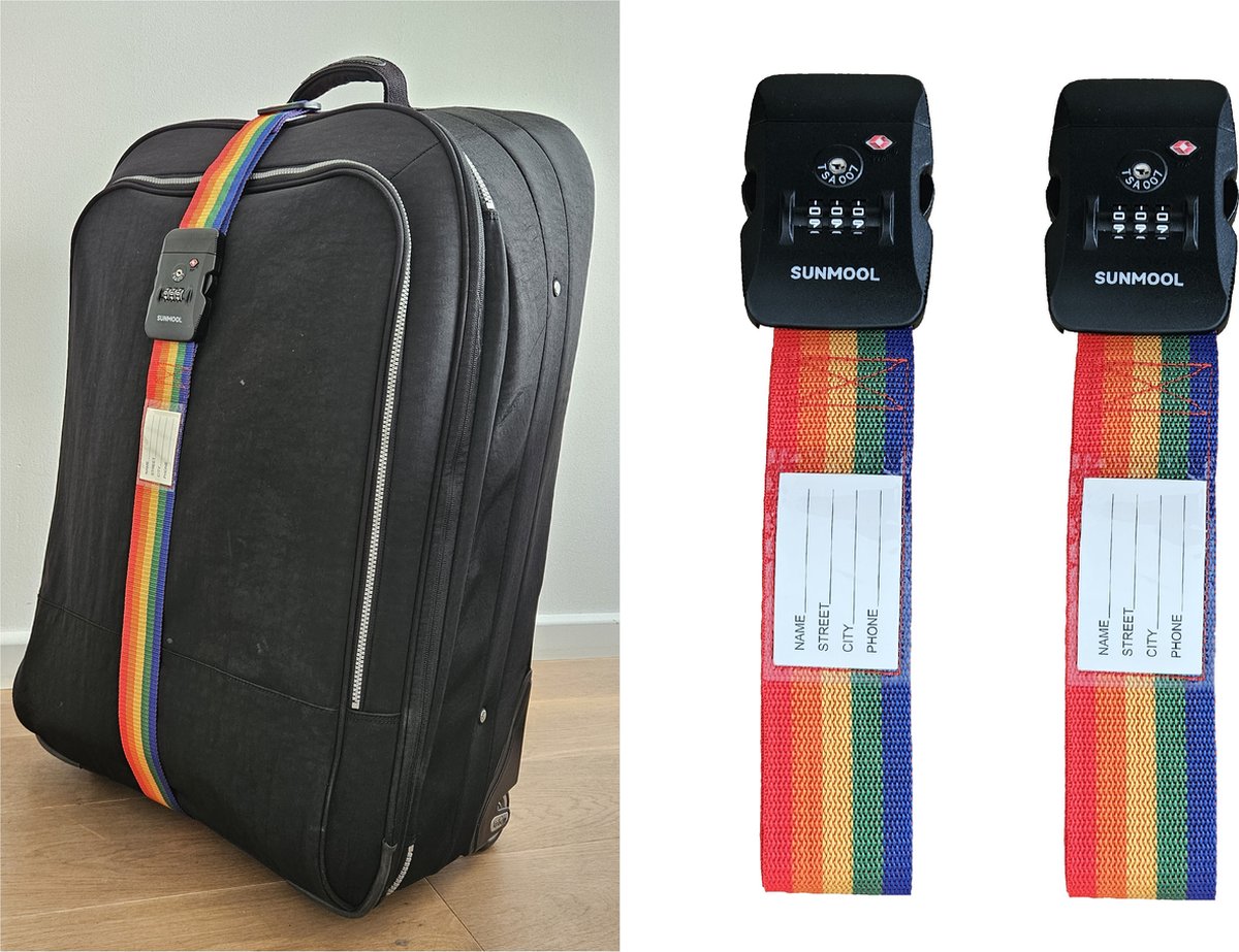 Bol.com SUNMOOL Kofferriem met TSA Cijfer Slot - Bagage Riem - Luggage Strap - 200 cm - Regenboog - 2 Stuks aanbieding