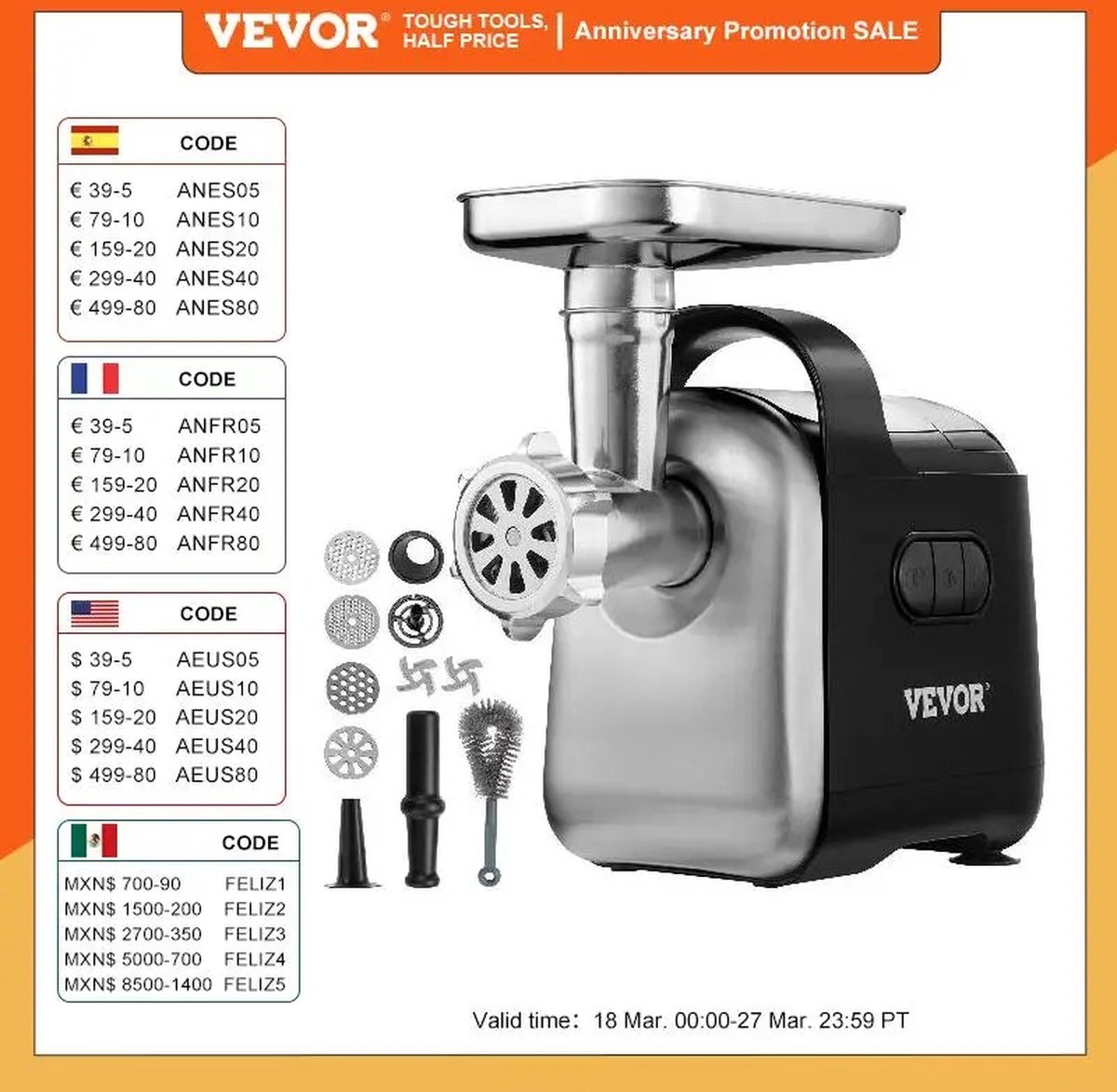 Bolifybuy Electrische vleesmolen 2 messen 3 maalplaten roestvrijstaal 550W RVS 262 x 168 x 283 mm