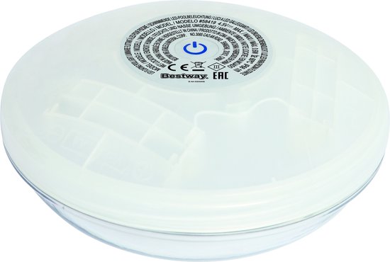 Witte, ronde drijvende LED-zwembadverlichting op witte achtergrond, met aan/uit-symbool.